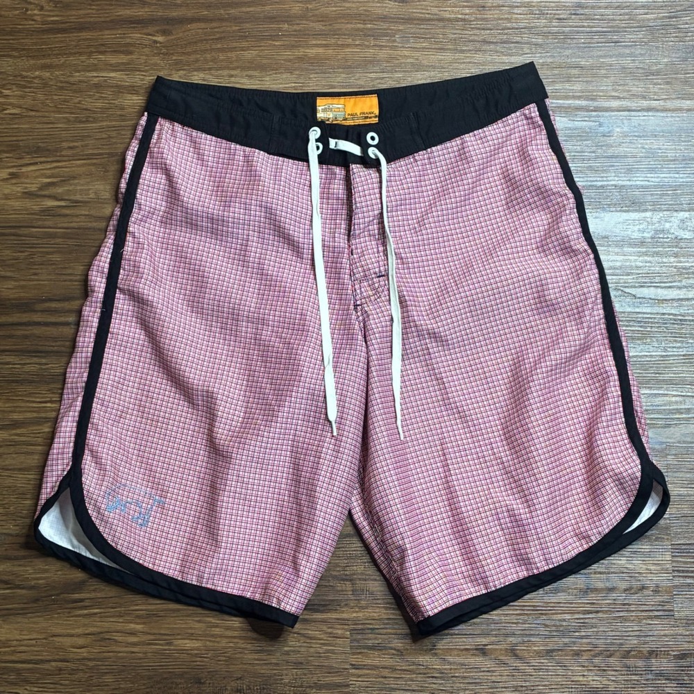 Paul Frank Board Shorts Mens 34 Red Vintage 2006 Micro Check Swim Trunks